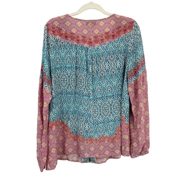 Tolani Blue Pink Mandala Print Top Peasant Silk Puff Sleeve Boho - Size Large - Picture 2 of 8